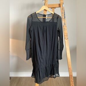 Elegant Black Sheer Overlay Swiss Dots Dress